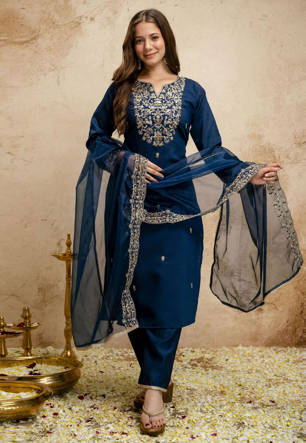 Blue Chanderi Readymade Pant Style Suit 328801