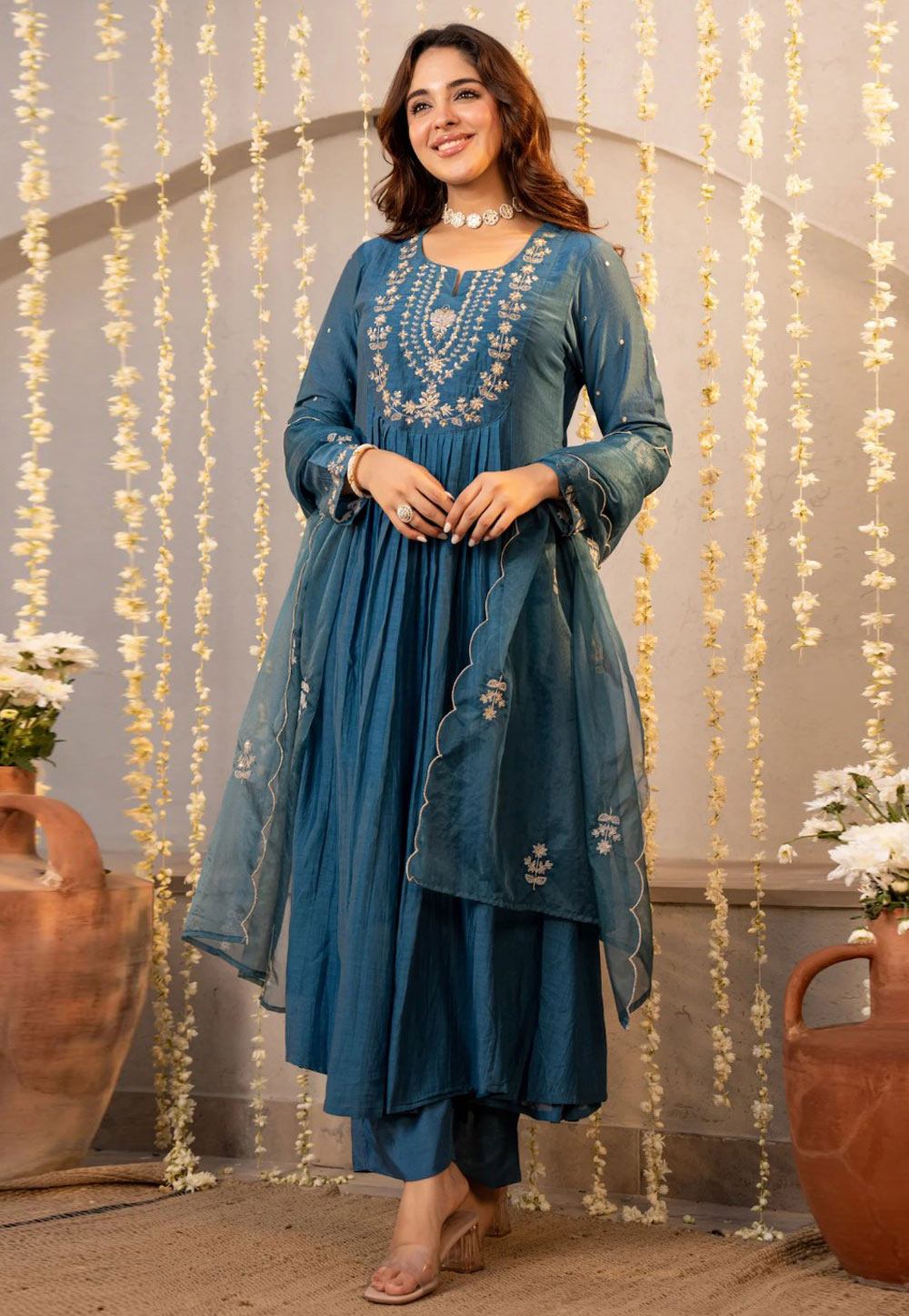 Blue Chanderi Silk Readymade Anarkali Suit 326190