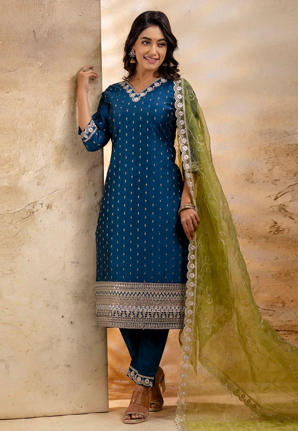 Blue Chanderi Silk Readymade Pant Style Suit 308909
