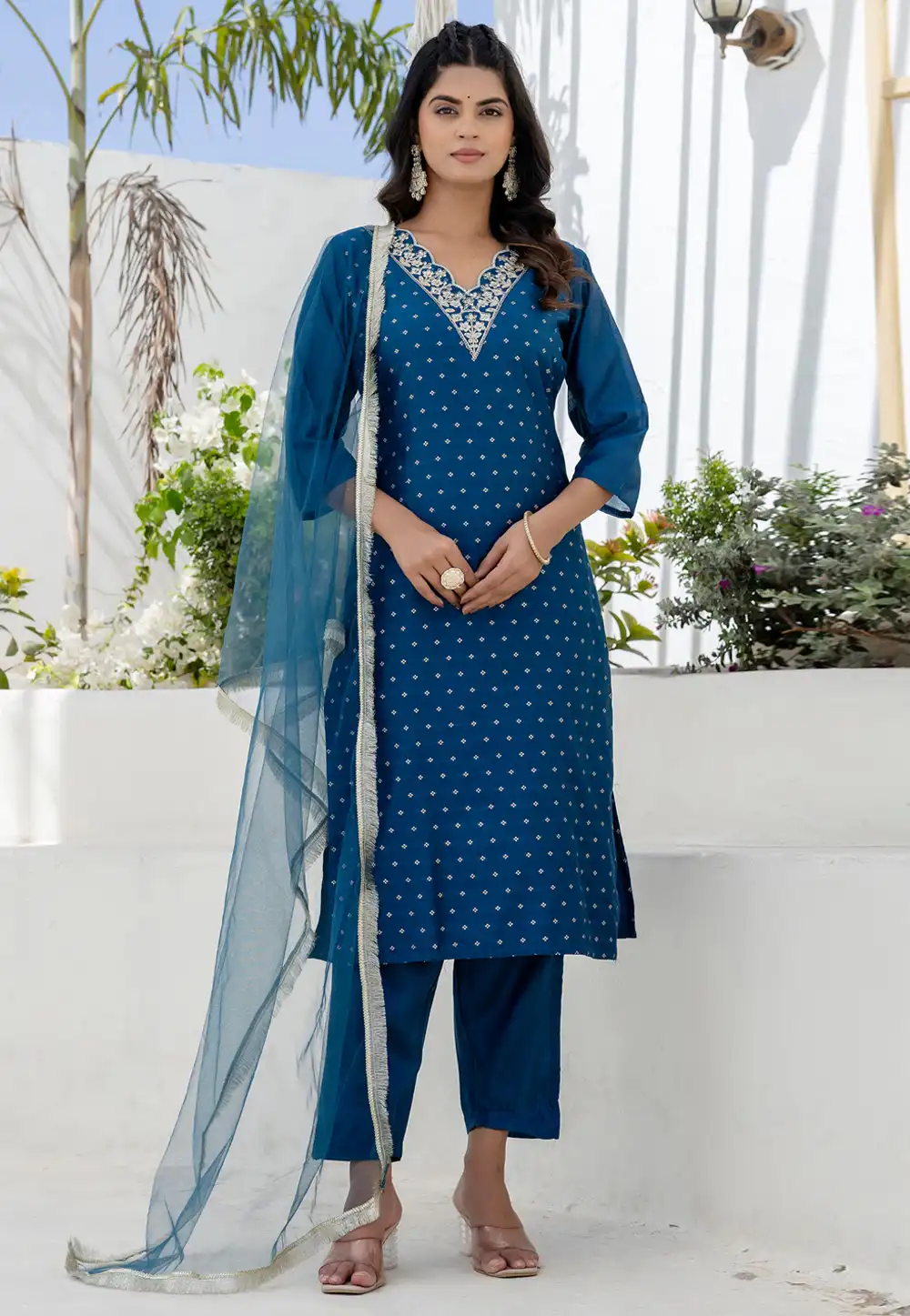 Blue Chanderi Silk Readymade Pant Style Suit 313818