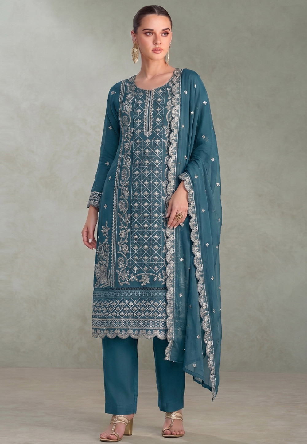 Blue Chiffon Embroidered Straight Suit 329782