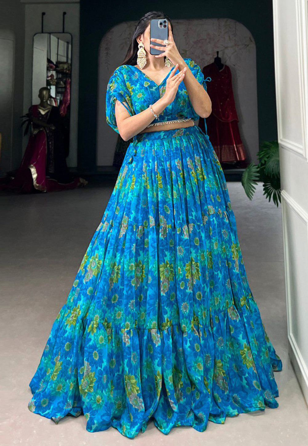 Blue Chiffon Floral Lehenga choli 307887