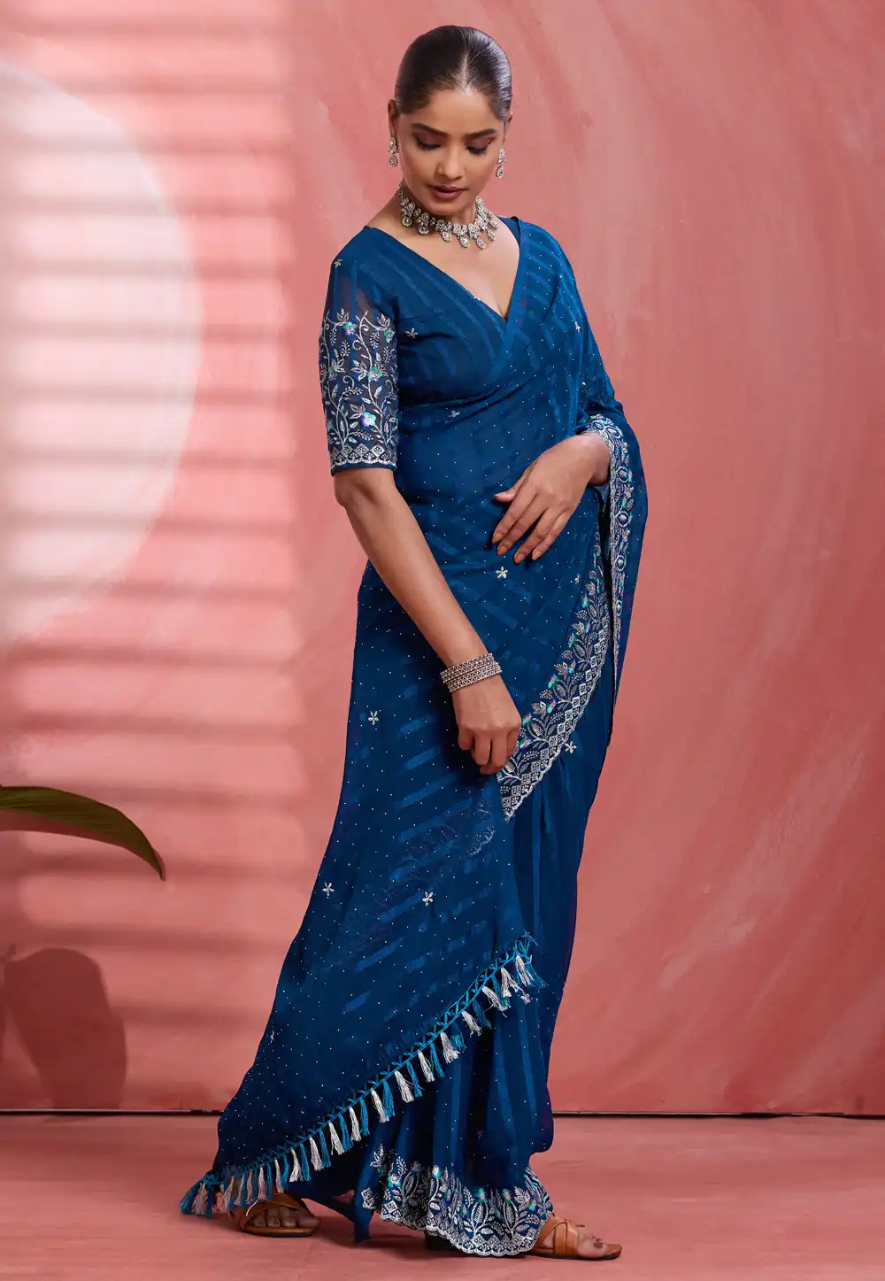 Blue Chiffon Saree With Blouse 326543