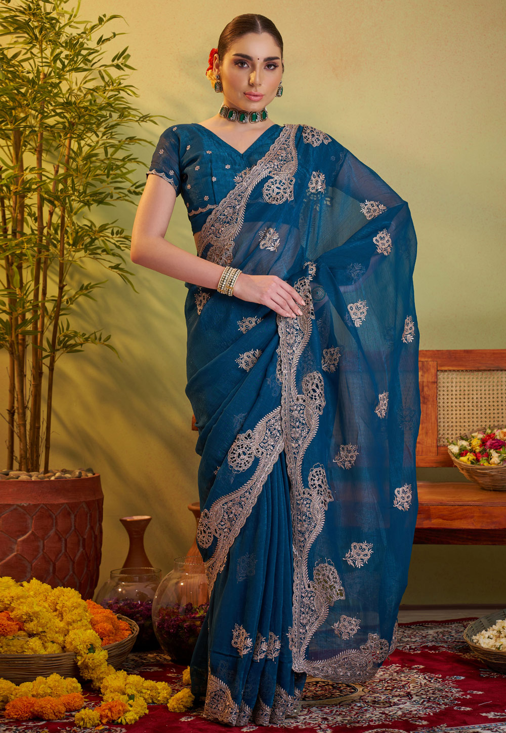 Blue Chiffon Saree With Blouse 306946