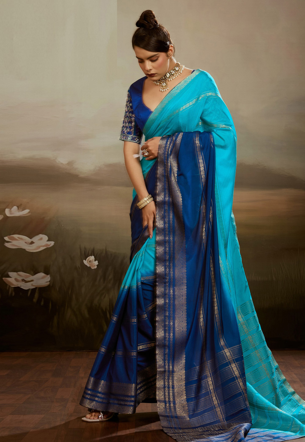 Blue Chinon Half N Half Saree 327363