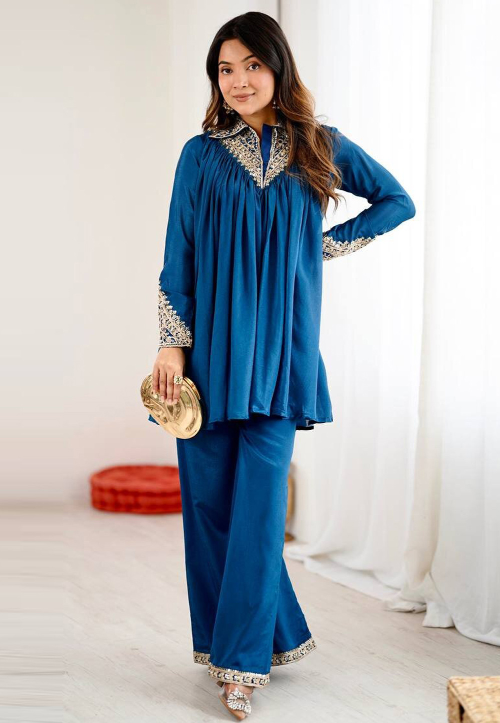 Blue Chinon Kurta Set With Palazzo 329995