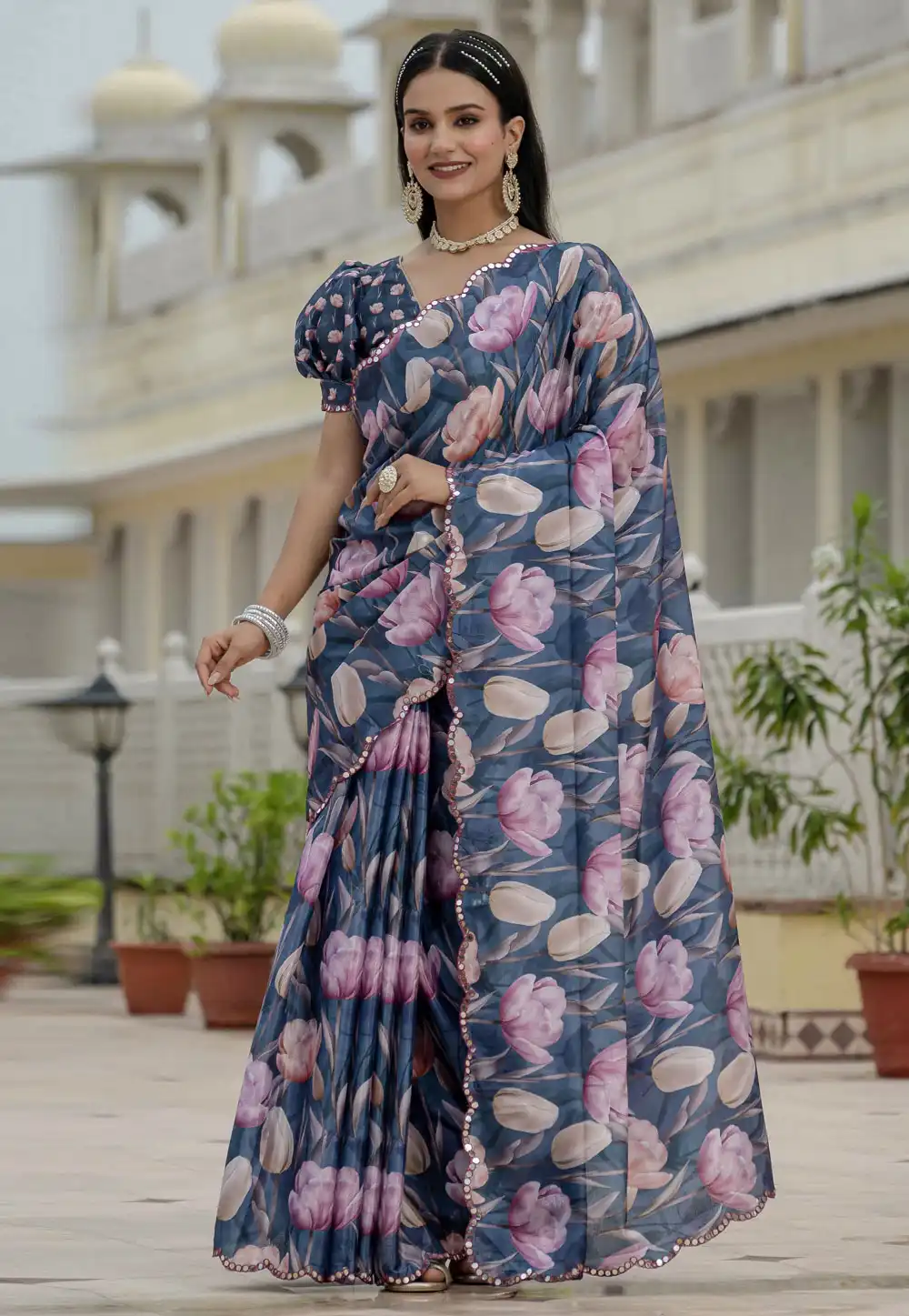 Blue Chinon Lehenga Saree 318035