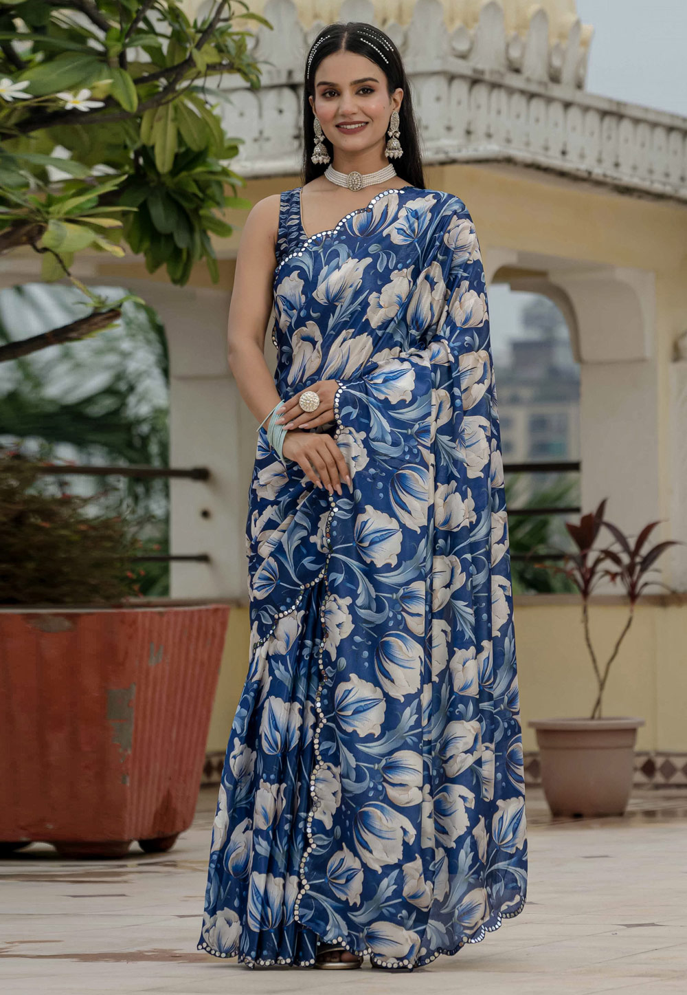 Blue Chinon Lehenga Saree 318175