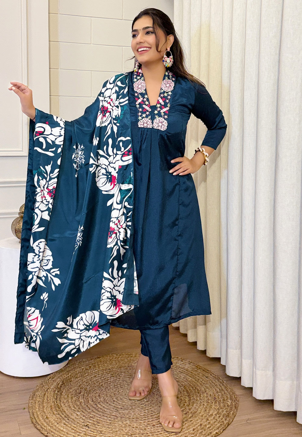 Blue Chinon Readymade Anarkali Suit 312340