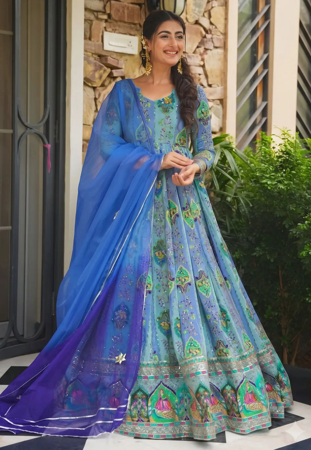 Blue Chinon Readymade Floor Length Anarkali Suit 336649