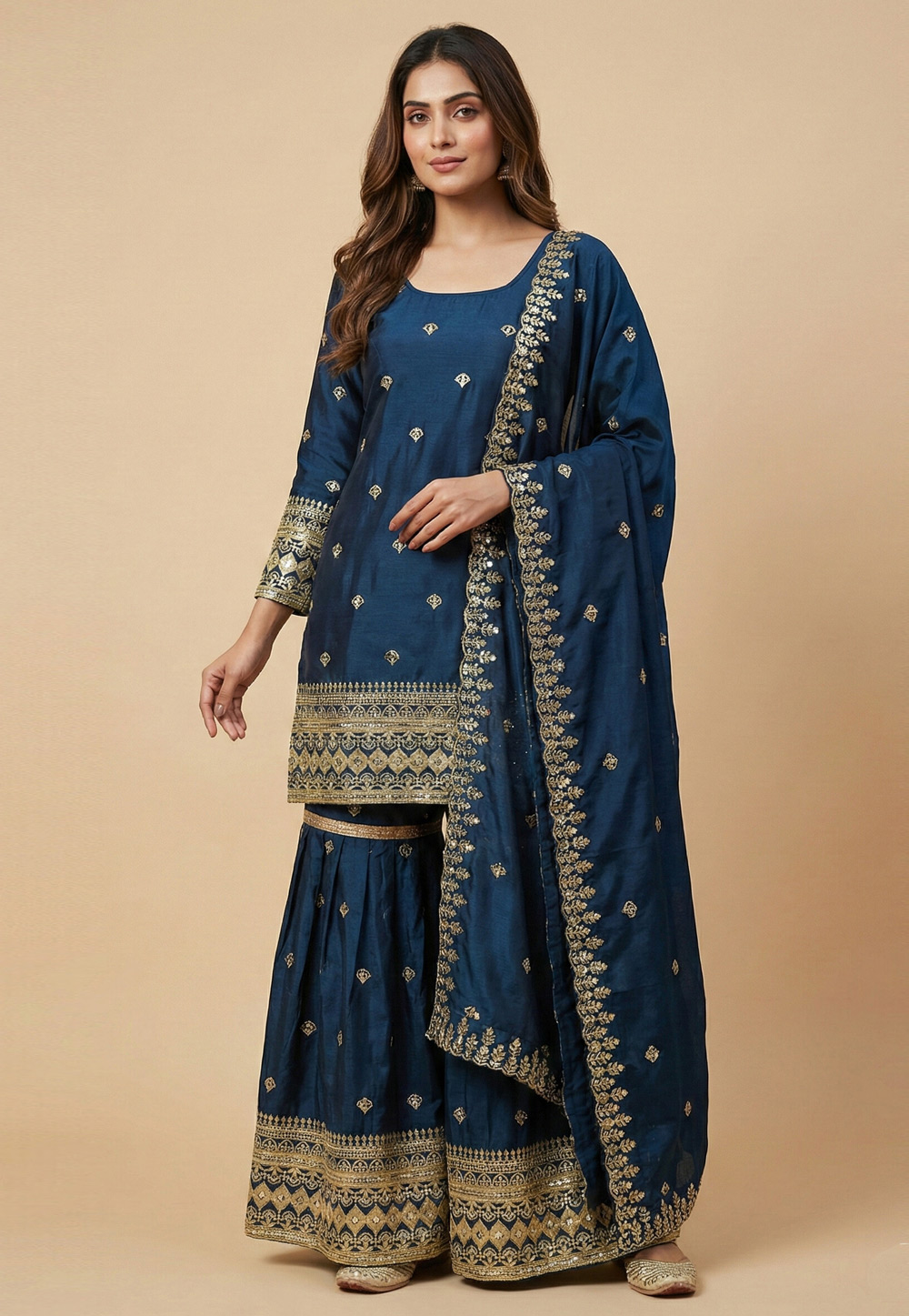 Blue Chinon Readymade Gharara Suit 323792