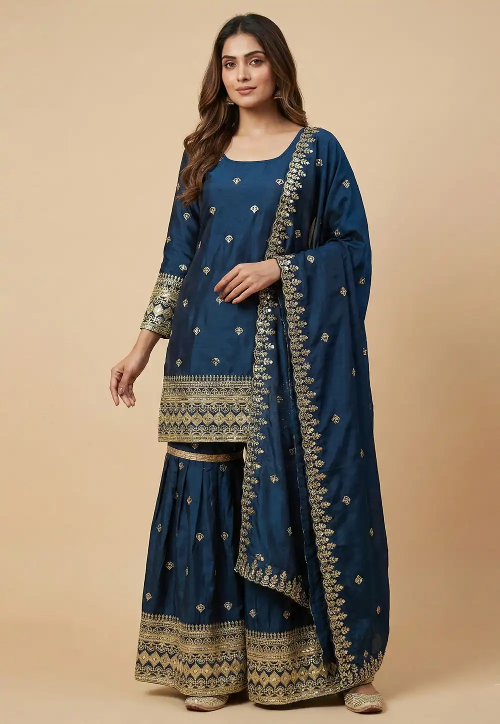 Blue Chinon Readymade Gharara Suit 323792