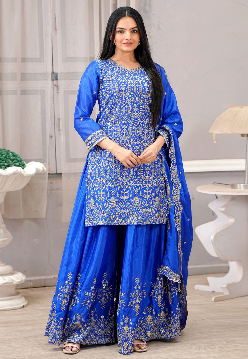 Blue Chinon Readymade Pakistani Suit 308542