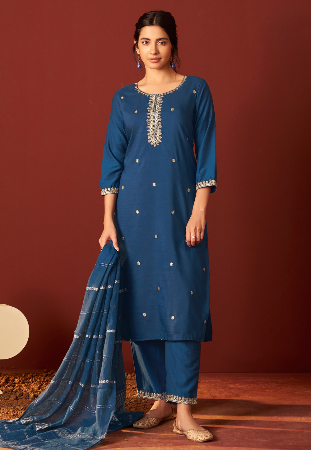Blue Chinon Readymade Pakistani Suit 321848