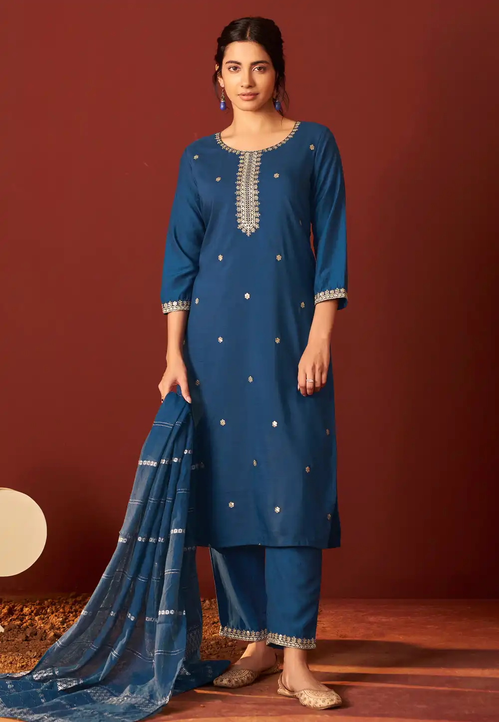 Blue Chinon Readymade Pakistani Suit 321848
