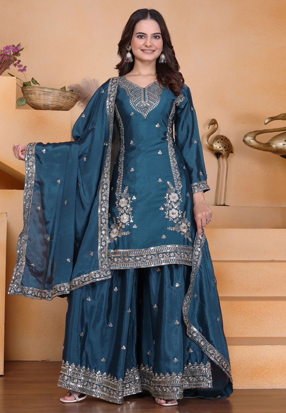 Blue Chinon Readymade Palazzo Suit 320566