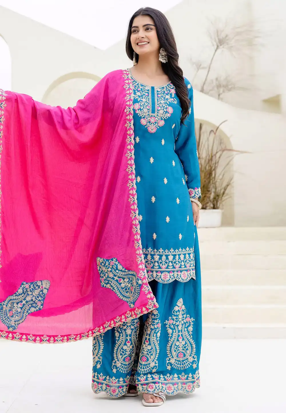 Blue Chinon Readymade Palazzo Suit 314953