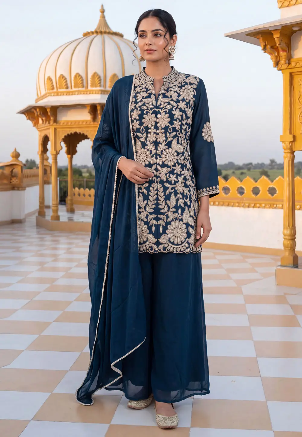 Blue Chinon Readymade Palazzo Suit 332279