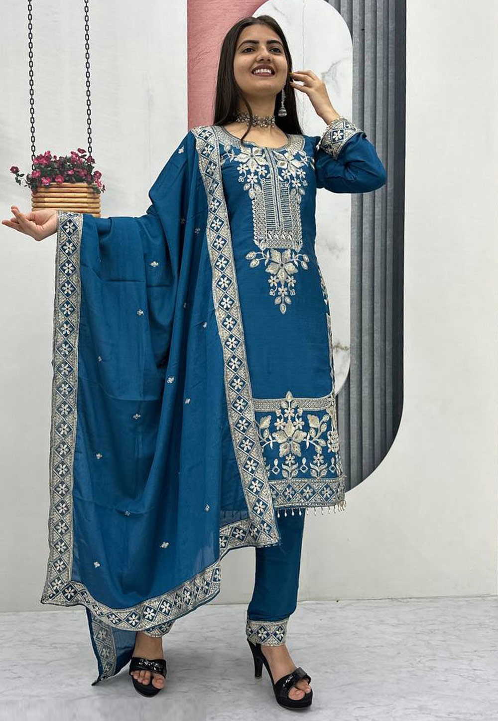Blue Chinon Readymade Pant Style Suit 321459