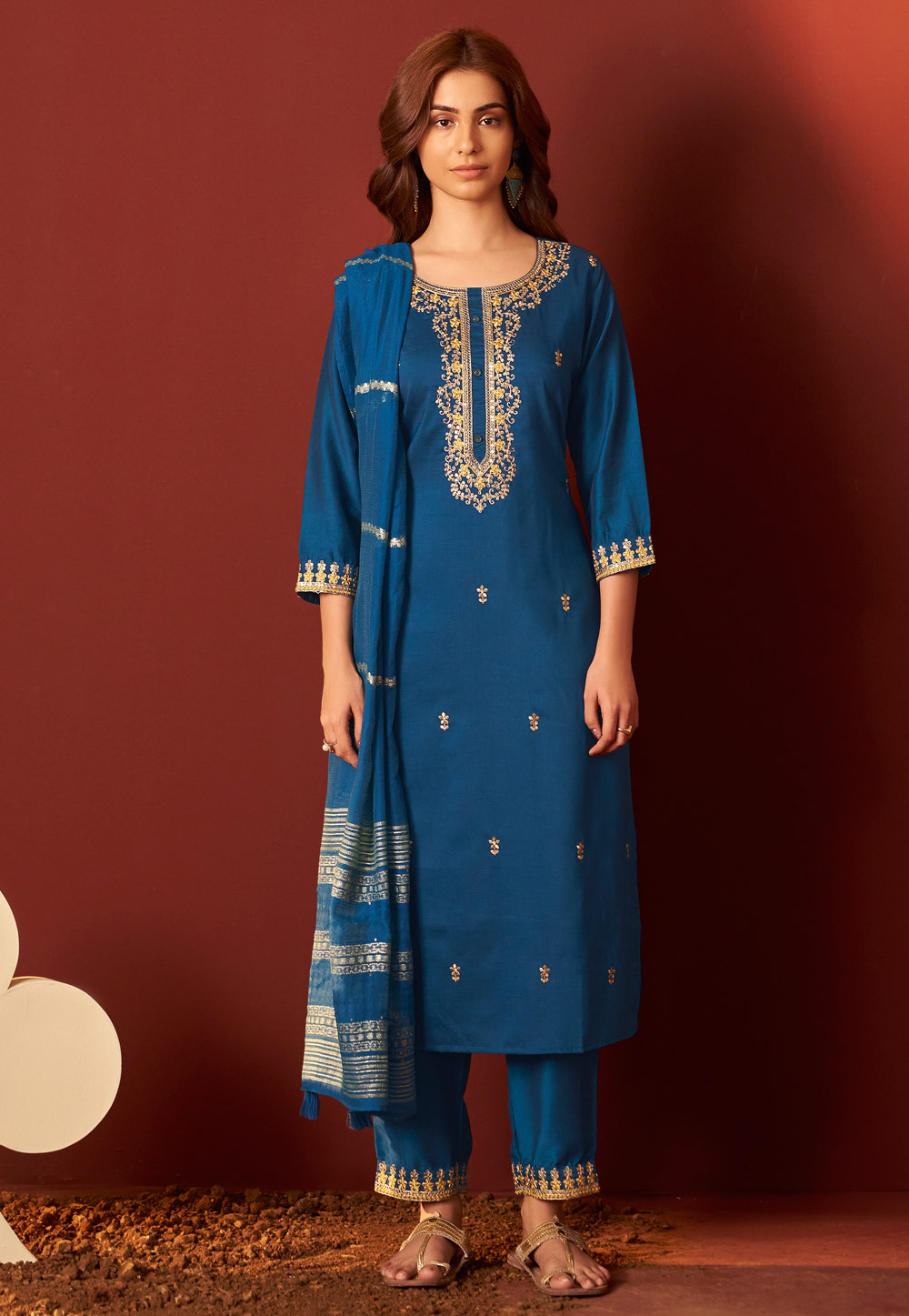 Blue Chinon Readymade Pant Style Suit 321804