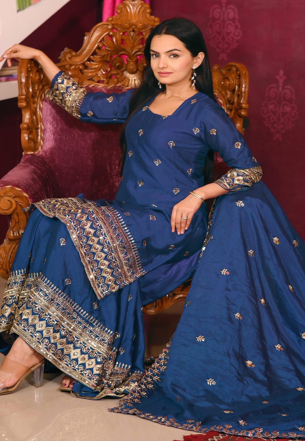 Blue Chinon Readymade Sharara Suit 306574