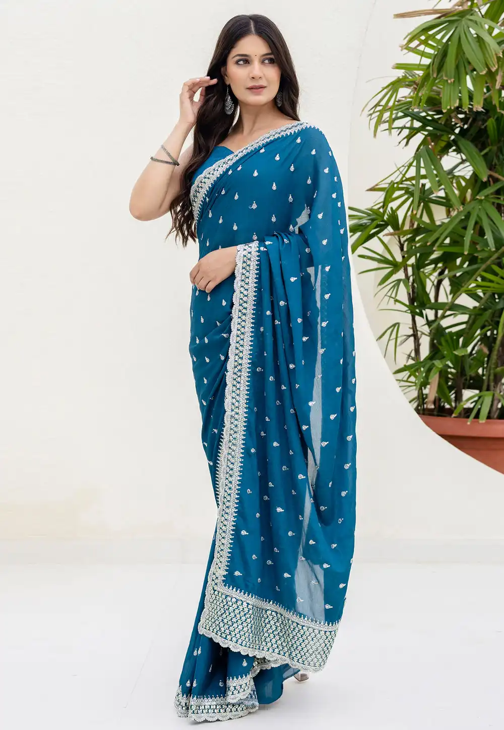 Blue Chinon Saree With Blouse 314364