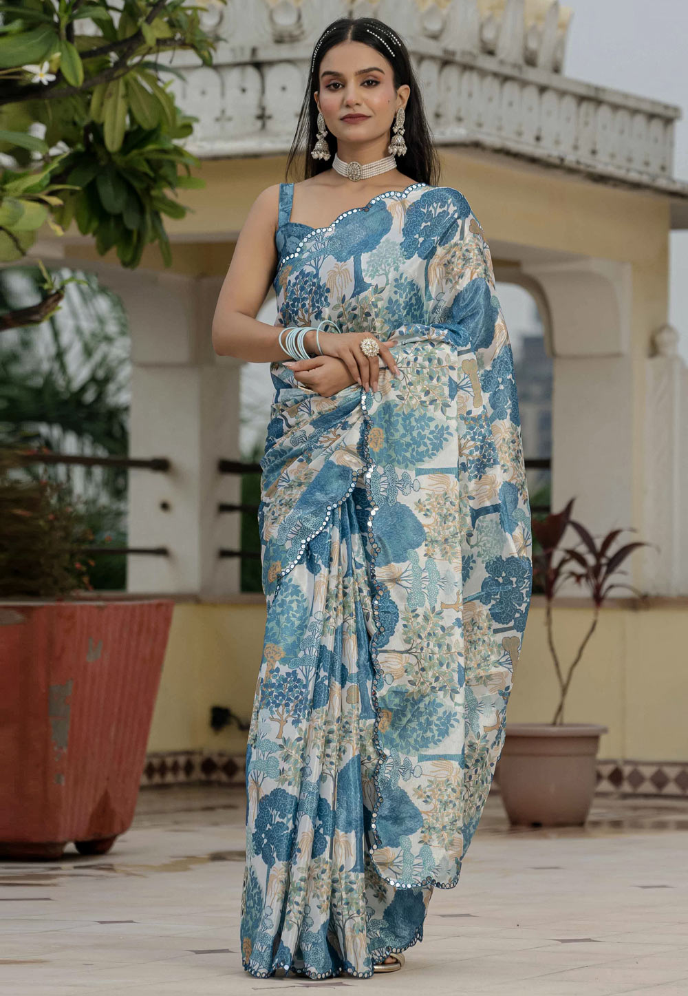 Blue Chinon Saree With Blouse 318028