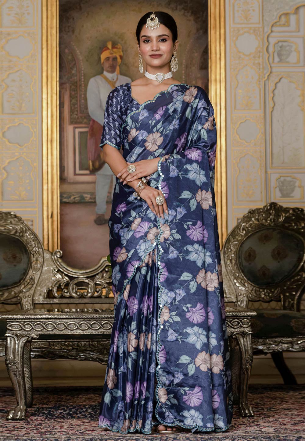 Blue Chinon Saree With Blouse 318182