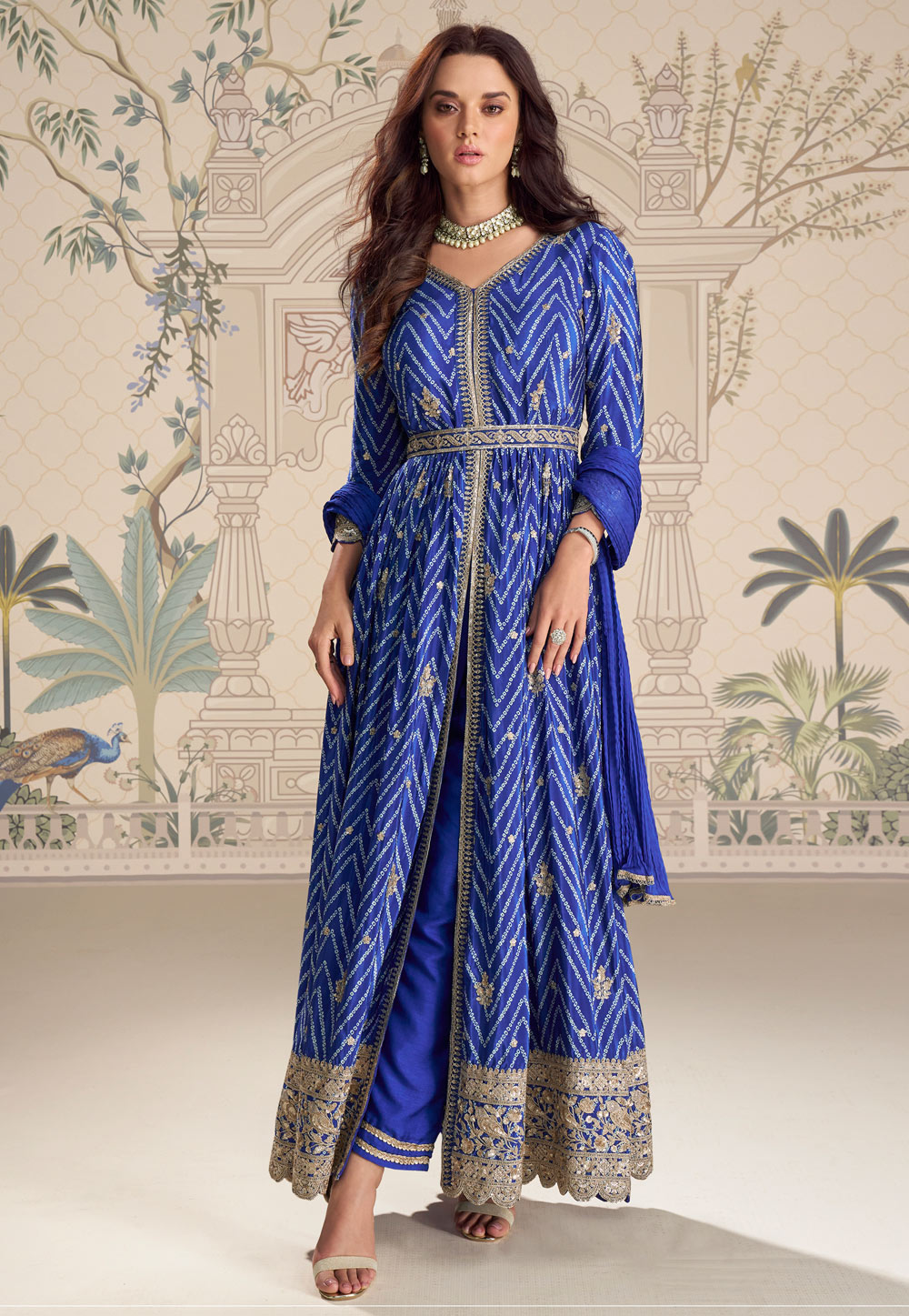 Blue Chinon Silk Center Slit Anarkali Suit 326113