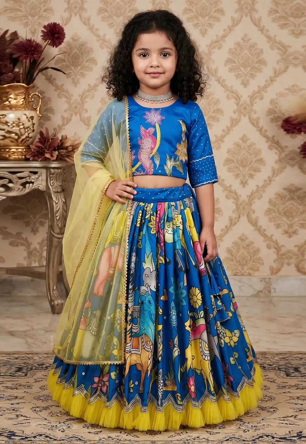 Blue Chinon Silk Kids Lehenga Choli 329451