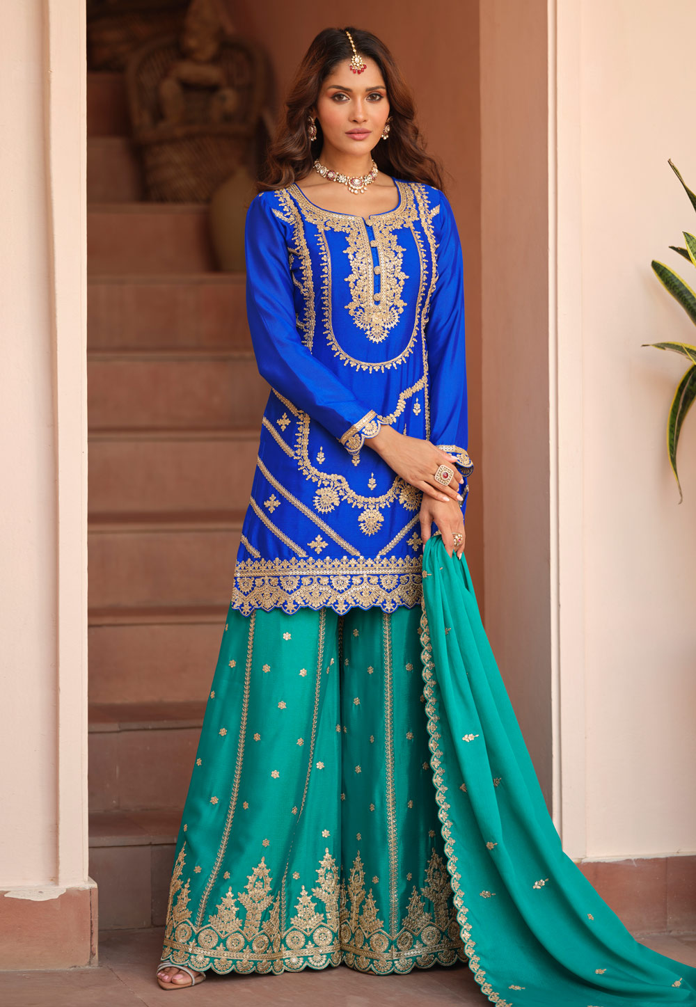Blue Chinon Silk Pakistani Suit 322609