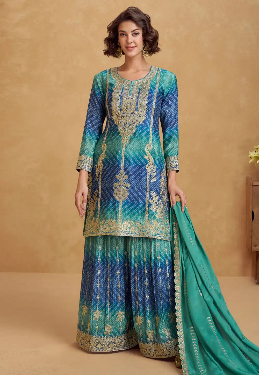 Blue Chinon Silk Palazzo Suit 316247