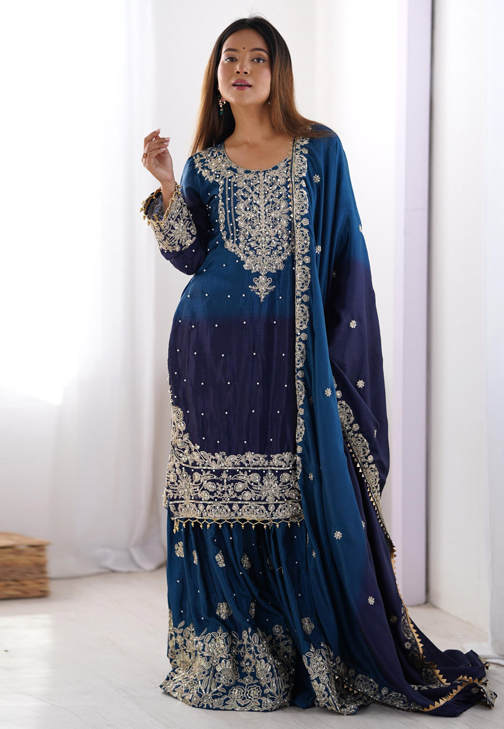 Blue Chinon Silk Readymade Gharara Suit 310718