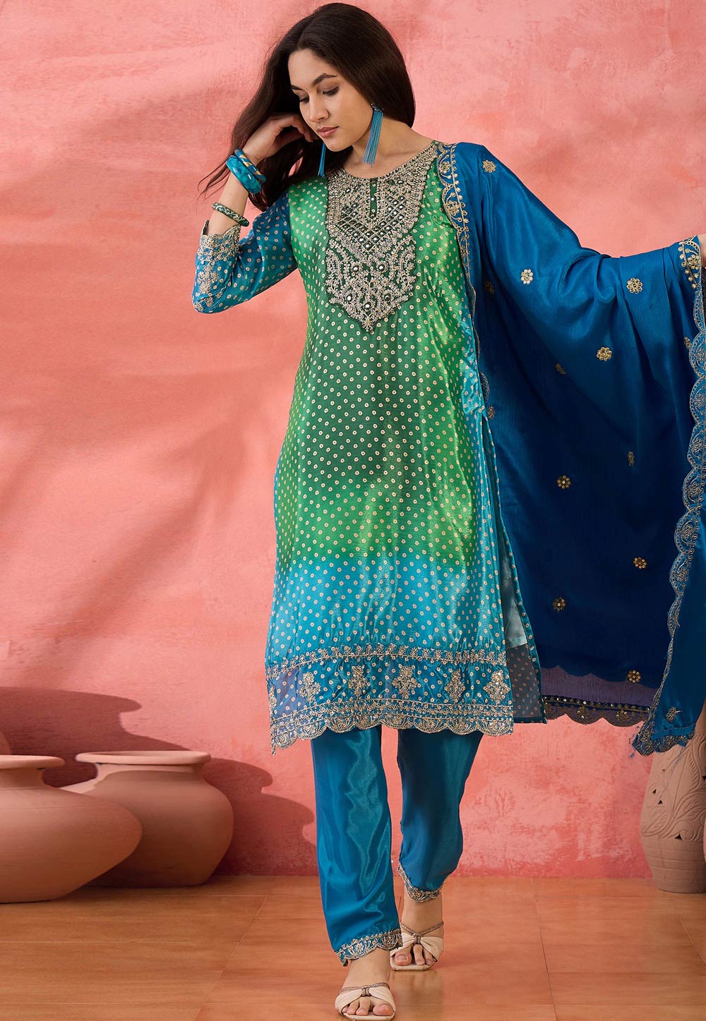 Blue Chinon Silk Readymade Pakistani Suit 308258
