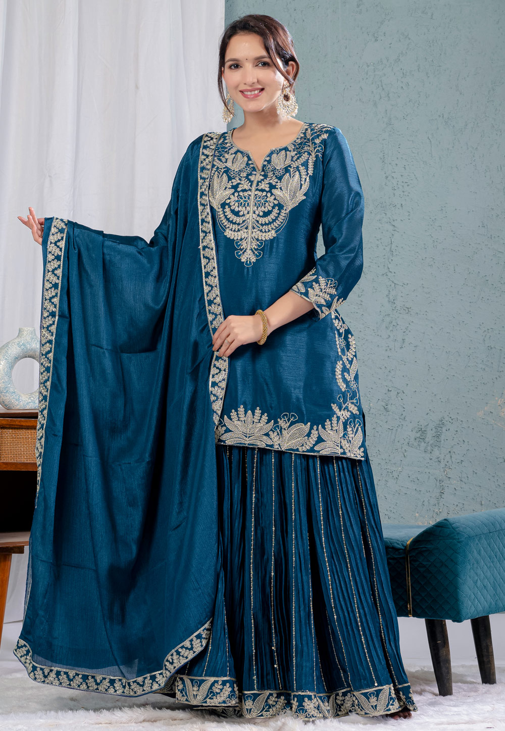 Blue Chinon Silk Readymade Palazzo Suit 311829