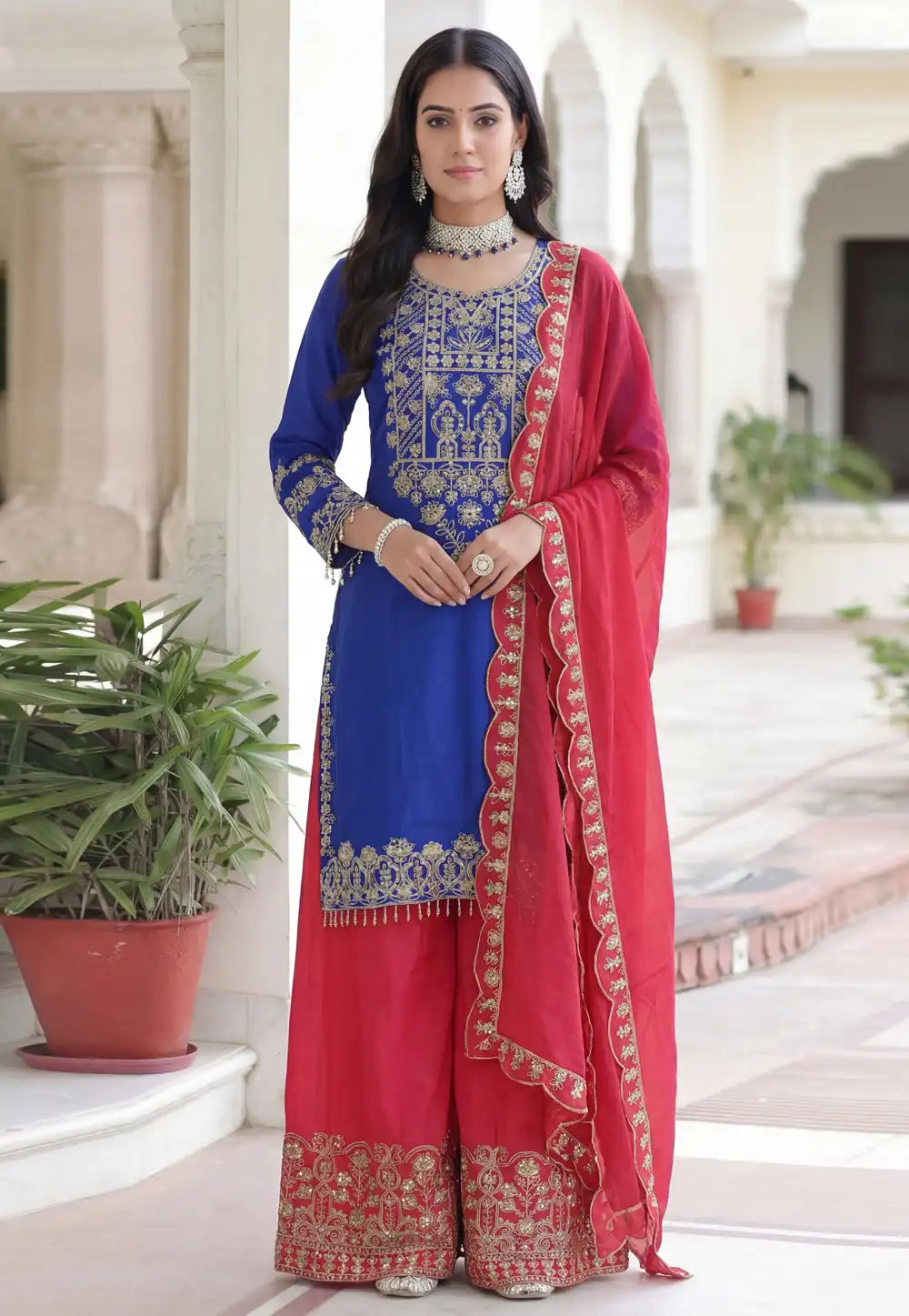 Blue Chinon Silk Readymade Palazzo Suit 323344