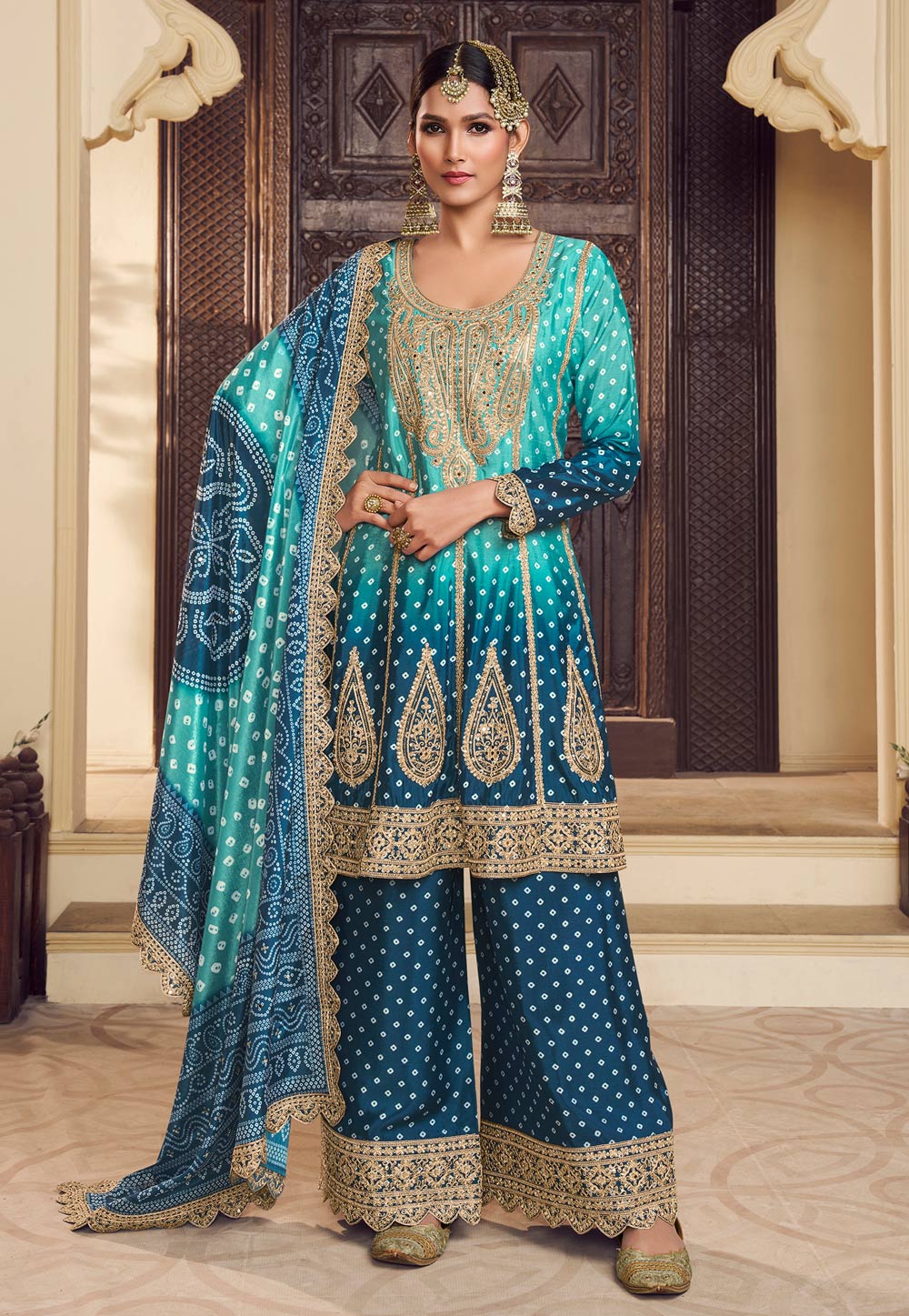 Blue Chinon Silk Readymade Palazzo Suit 306918
