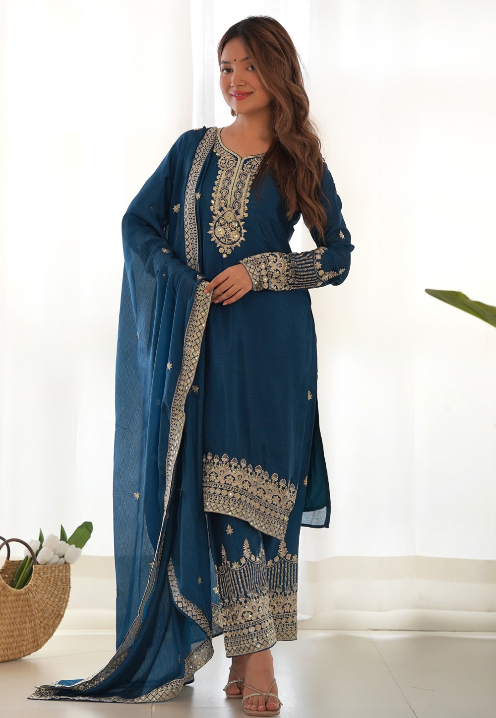 Blue Chinon Silk Readymade Pant Style Suit 326338