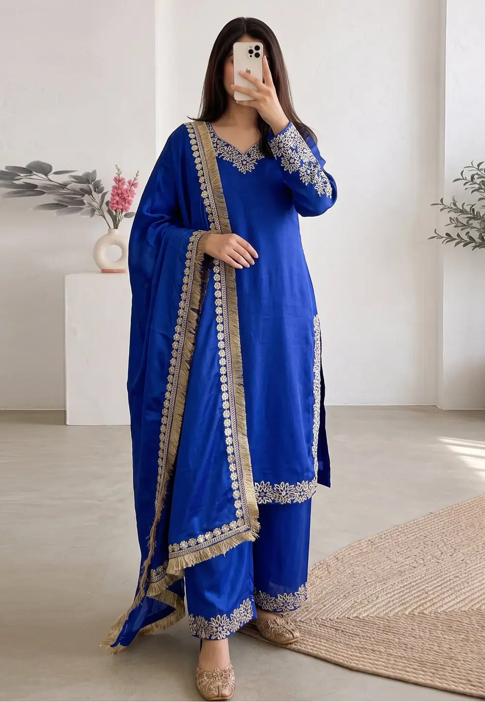 Blue Chinon Silk Readymade Pant Style Suit 334409