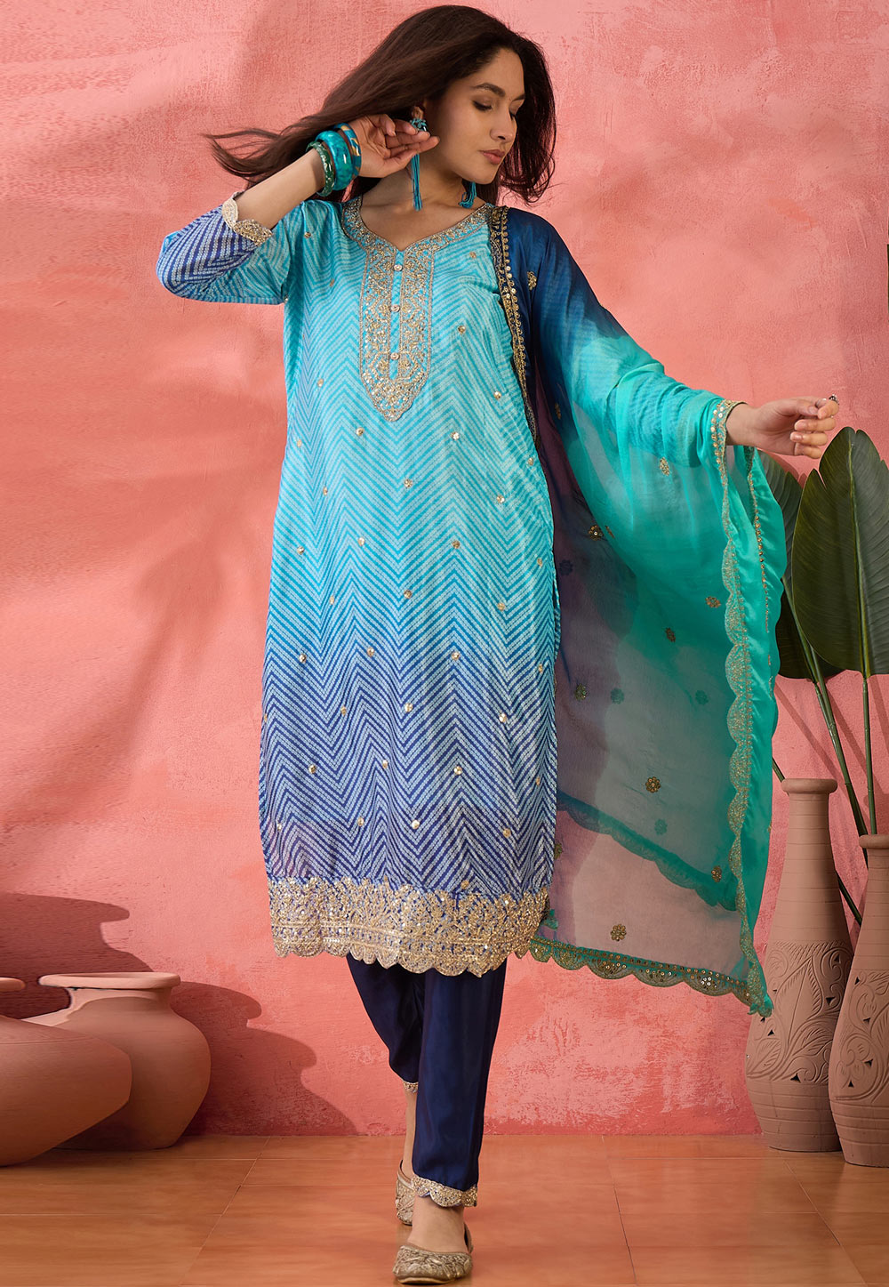 Blue Chinon Silk Readymade Pant Style Suit 308253