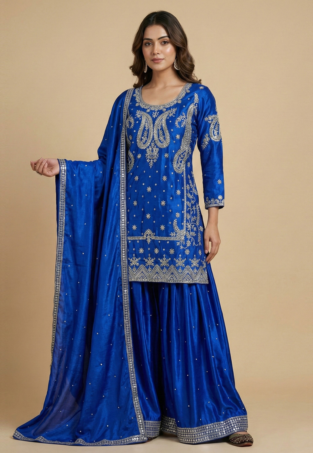 Blue Chinon Silk Readymade Sharara Suit 323297