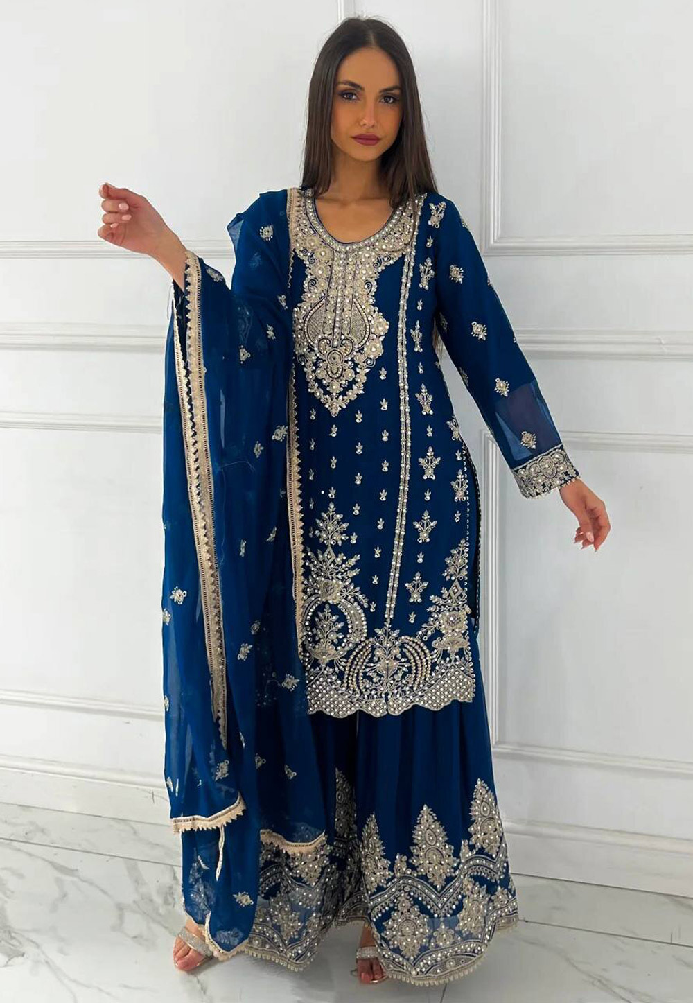 Blue Chinon Silk Readymade Sharara Suit 327851