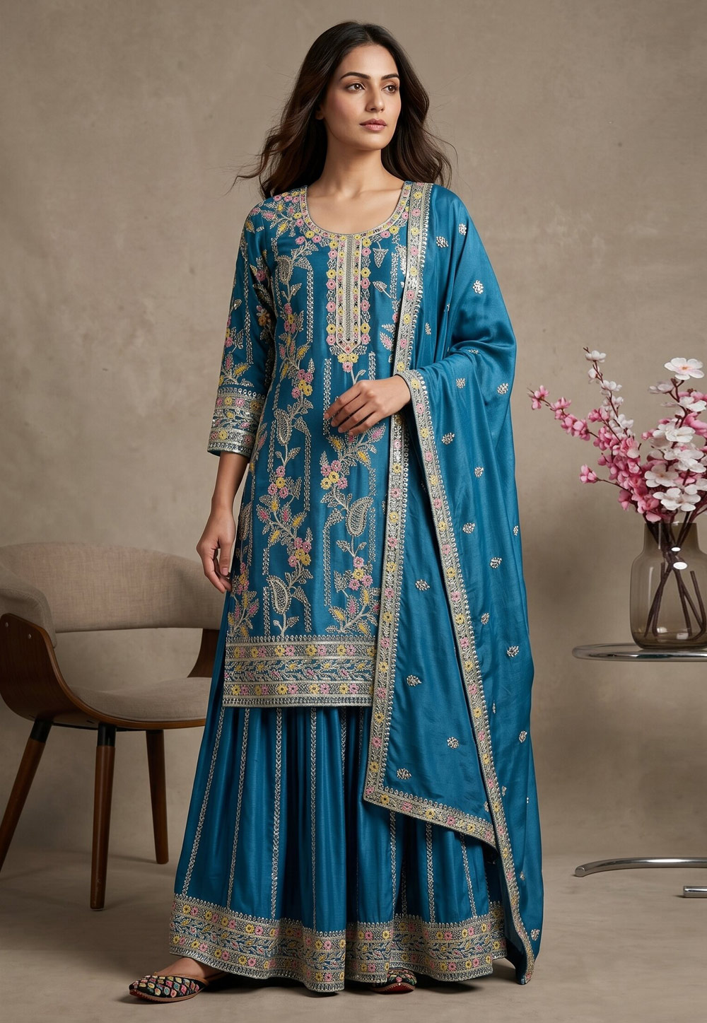 Blue Chinon Silk Readymade Sharara Suit 330335