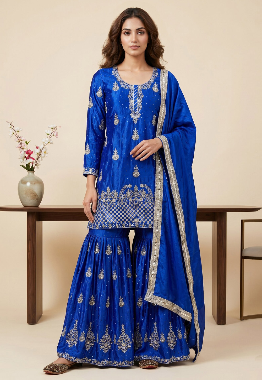 Blue Chinon Silk Readymade Sharara Suit 330343