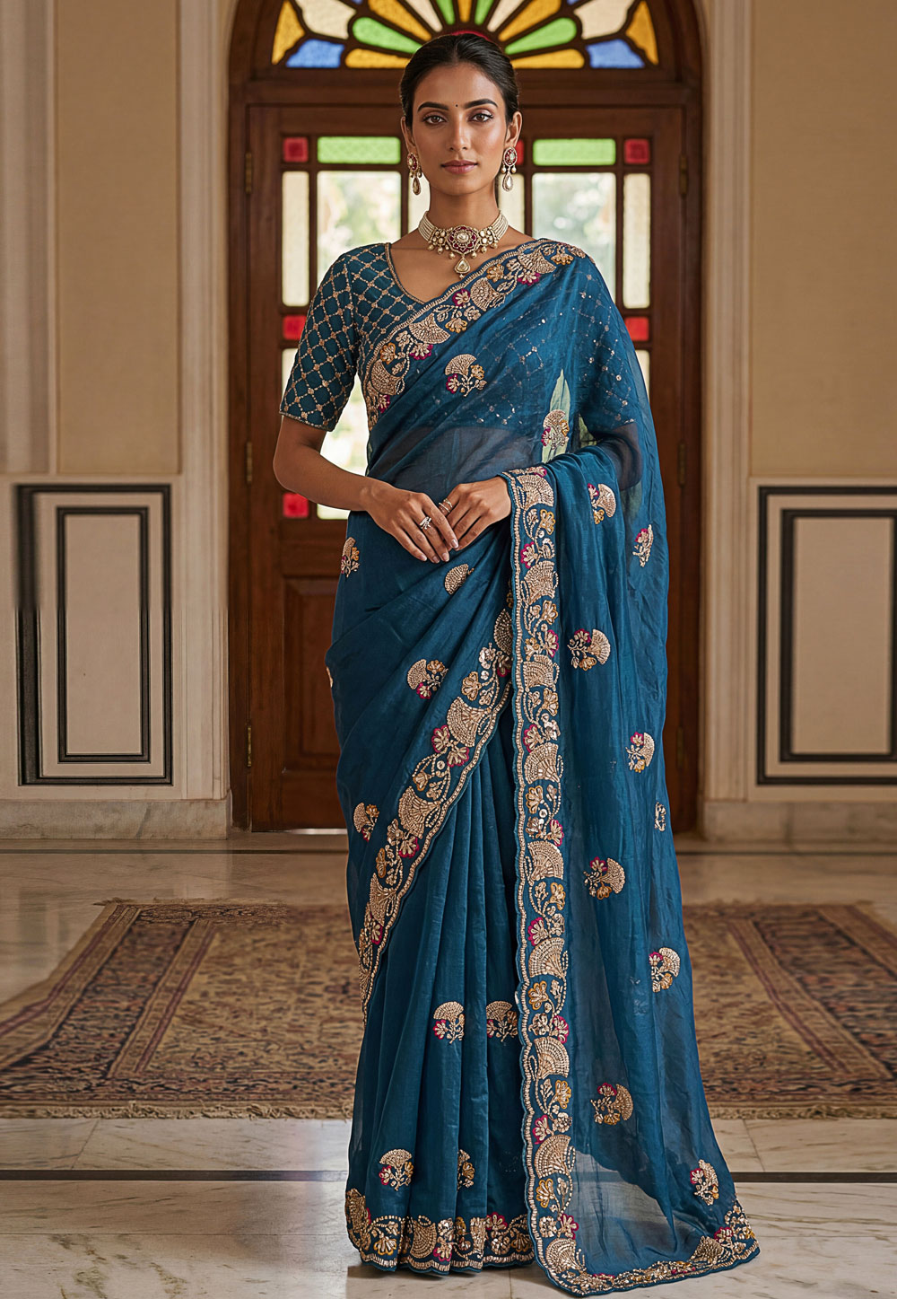 Blue Chinon Silk Saree With Blouse 327660