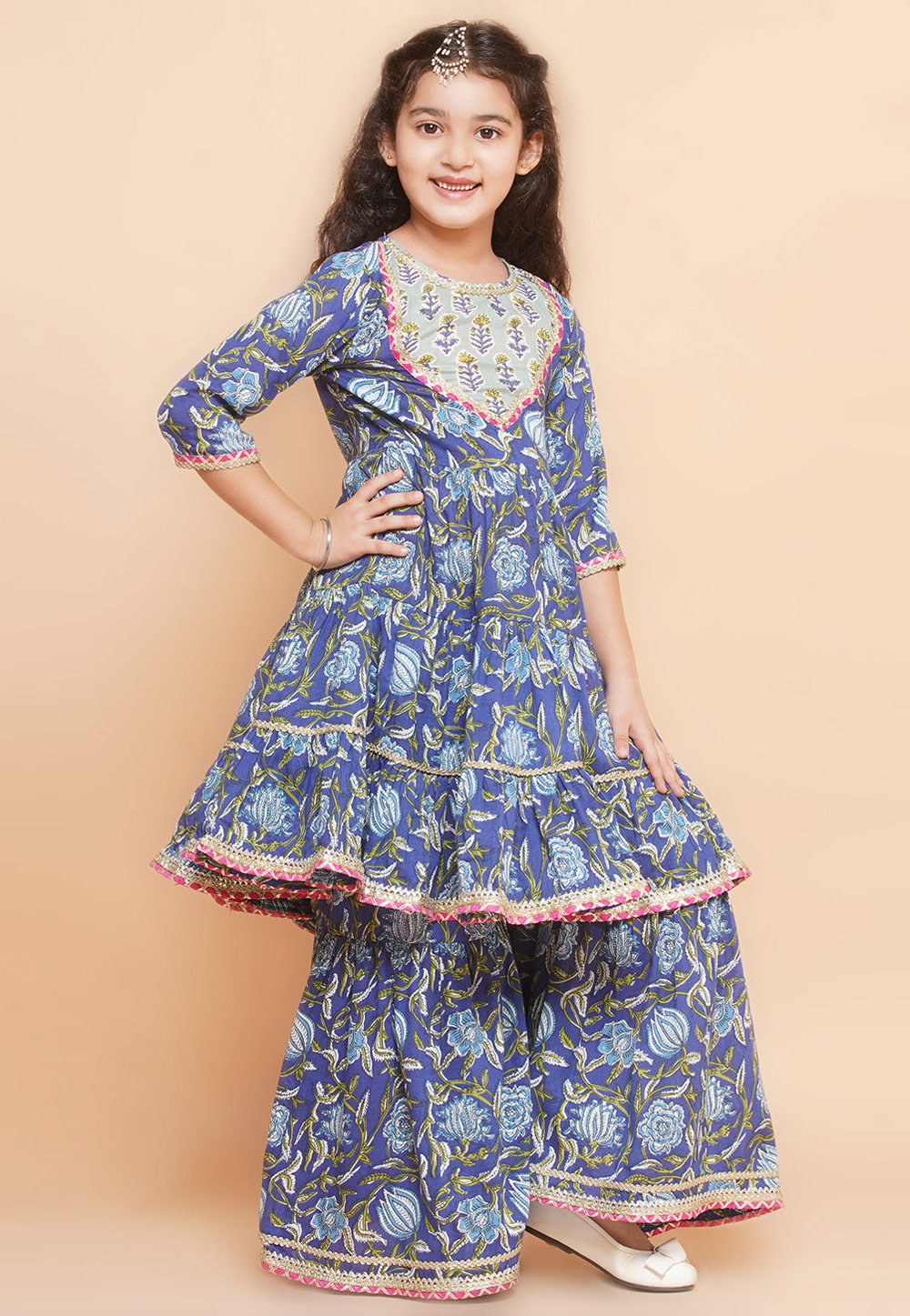 Blue Cotton Kids Sharara Suit 282658