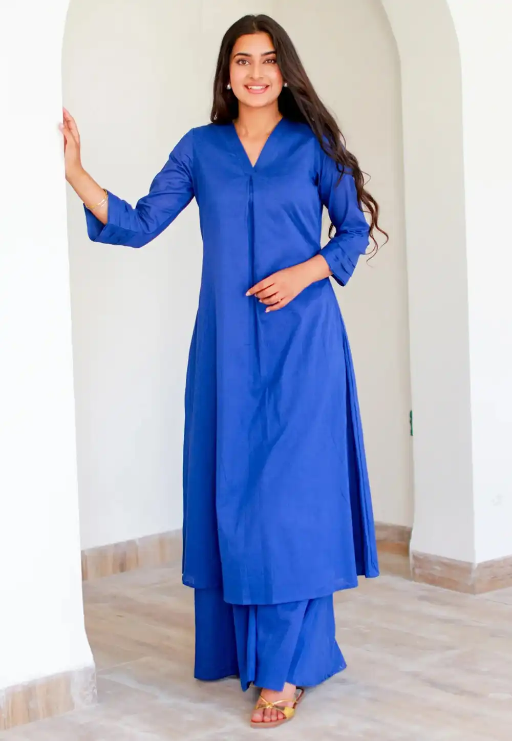 Blue Cotton Kurta Set With Palazzo 325892