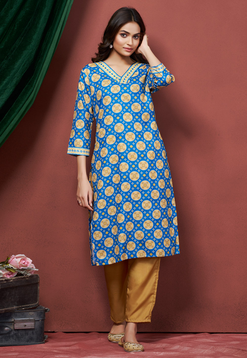 Blue Cotton Linen Printed Long Tunic 311975