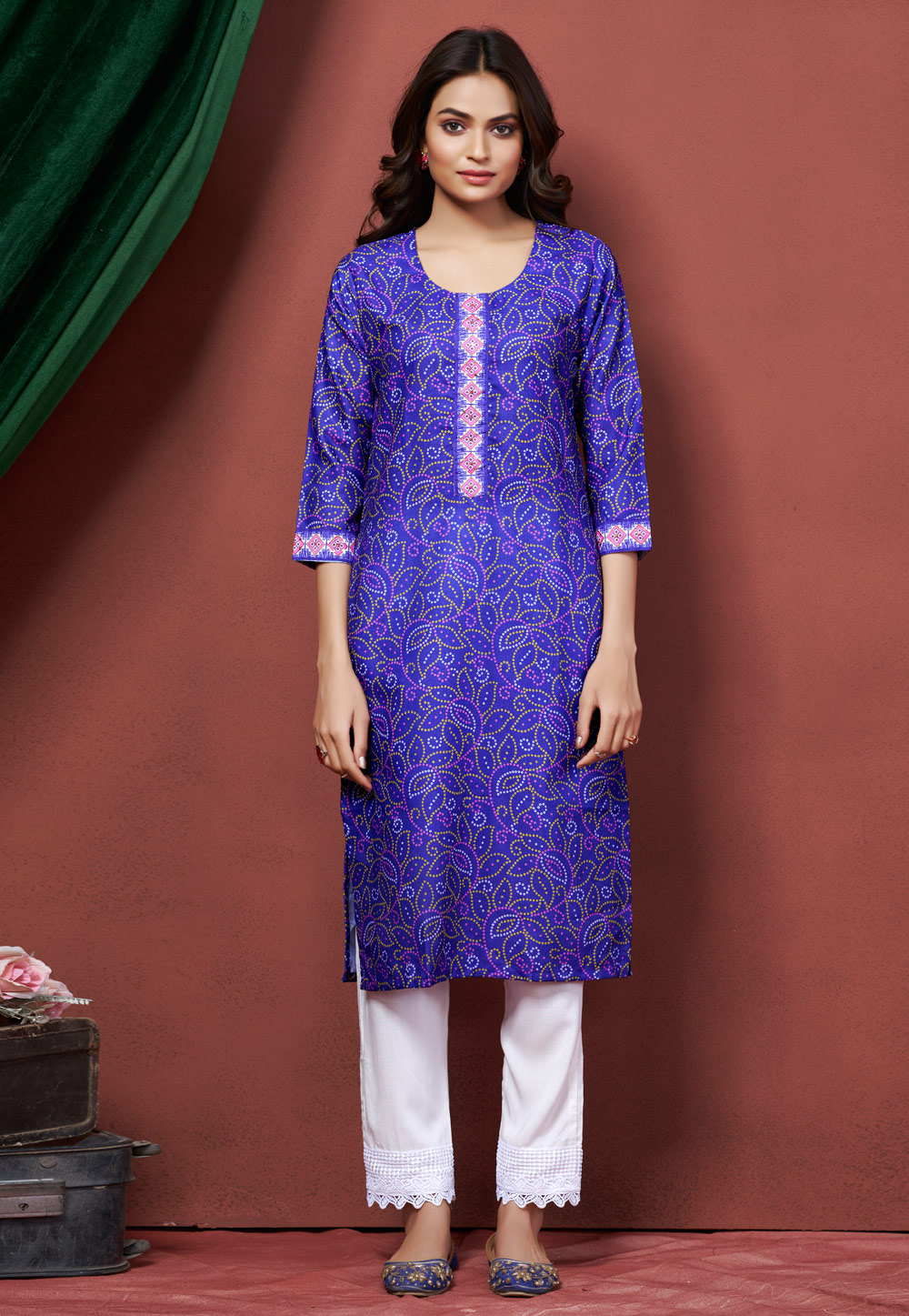 Blue Cotton Linen Printed Long Tunic 311977