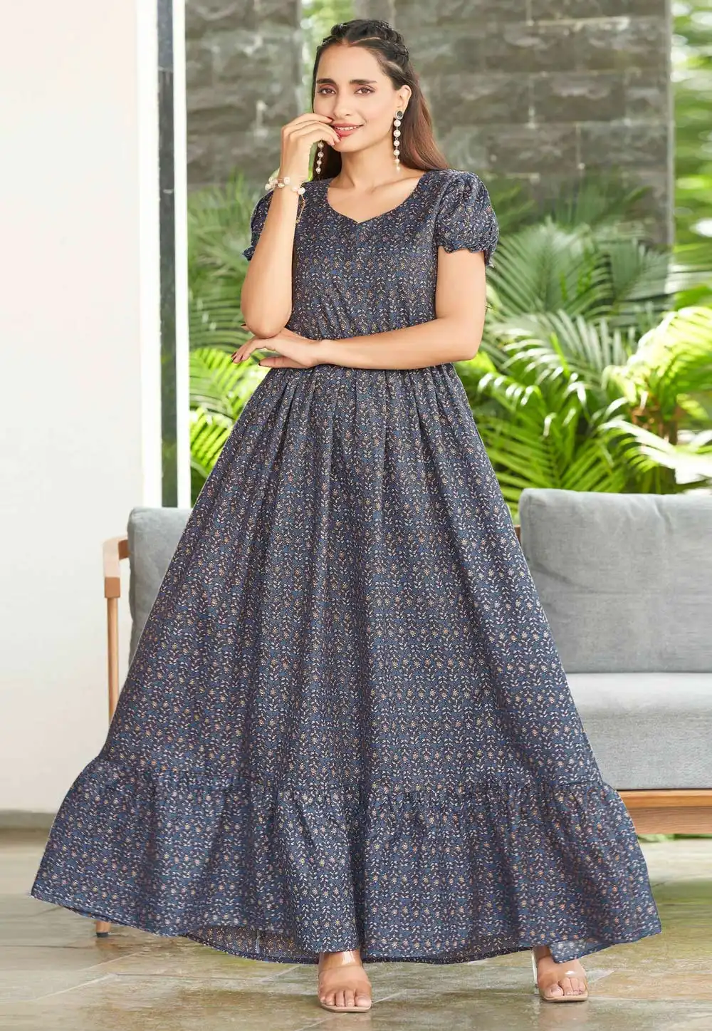 Blue Cotton Printed Gown 330577